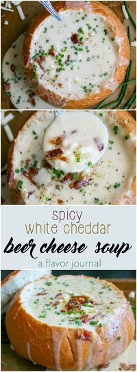 creamy, rich, decadent beer cheese soup made with white cheddar and a little heat. the ultimate comfort food soup in a bread bowl. | spicy white cheddar beer cheese soup | a flavor journal