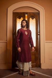 Hand embroidered Raw Silk Kurta for men.