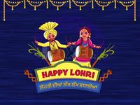 Happy Lohri (Lohri Ki Lakh Lakh Badhai) Greeting Card With Punjabi Couple Playing Dhol, Sapp Instrument, Sugarcanes And Floral Garland (Toran) Decorated On Blue Abstract Texture Background. #lohri #greetingcard #sugarcane