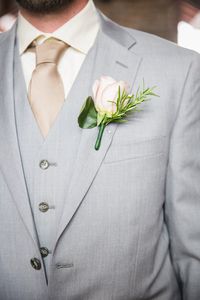 Summer wedding groom idea - light gray three-piece suit, champagne-colored silk tie and classic rose boutonniere {Taylored Photo Memories}