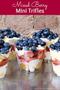 Mixed Berry Mini Trifles recipe ... a delicious Individual Dessert idea! Learn how to make easy Mini Trifle Desserts with layers of strawberries, blueberries, cream cheese filling + ladyfingers or cake! Serve these Individual Trifles in glasses or jars. This No Bake Treat is a great Red, White, and Blue Dessert for the 4th of July or Memorial Day, or serve these Layered Berry Trifles for any Summer Party or patriotic occasion ... such a cute Mini Dessert Recipe! | Hello Little Home