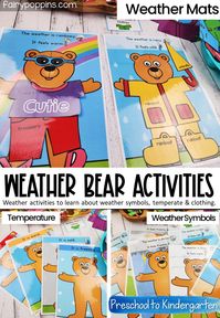 These hands-on weather activities include a dress the weather bear, weather chart, activity mats and weather worksheets. They help kids learn about weather symbols, temperature and suitable clothing for each type of weather. #weatheractivities #weatherunit #weatherbear #weatherchart #weatherworksheets #prek #preschool #kindergarten #firstgrade