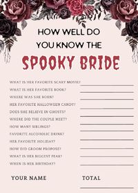 Calling all Spooky brides that love Halloween vibes. This game is fun, and ready for you to print for all of your guests. A great addition to bridal shower games that have a Halloween Soiree, Spooky Vibes theme or Til Death Do Us Part. This card is 5x7 and whether you decide to print at home or send to local print shop, you're bound to create memories.