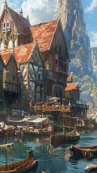 Illustration of medieval fishing town with harbour and majestic buildings.  #medieval #twon #harbour #fishing #fantasy #illustration