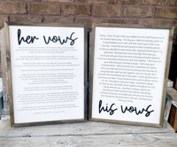 Type in your wedding vows & and indicate his or hers for each in the personalization box or by sending us a message after the purchase. Please, be sure to proofread your copy. Also, please note which stain for the frame you would like. The vows themselves will be laser engraved and the his/her vows is raised text cut out of wood. All pieces are made in our home studio and we are always so blessed to make items that you'll forever cherish.