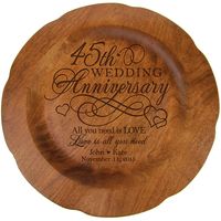 Honor the happy couple with a personalized 45th wedding anniversary 12" cherry wood plate. A treasured and lasting personal keepsake for wedding or anniversary. 45th Anniversary plate can be displayed on tabletop. Made in USA and Designed exclusively by ©️ 2019 LifeSong Milestones Orders Processed in 21 Days 45th wedding anniversary wooden decorative plate Made in USA Measures 12" diameter. Forty-fifth Anniversary gift can be displayed on tabletop. Engraved 45 years of marriage days, weeks, mont