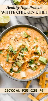 Discover this easy and creamy Healthy High Protein White Chicken Chili recipe, ideal for the slow cooker or stovetop! Packed with protein and full of flavor, this macro-friendly chili is perfect for a healthy dinner. Use leftover chicken for a quick and convenient meal that's ready in no time. Click to get the full recipe and enjoy the best white chicken chili for a comforting weeknight dinner!