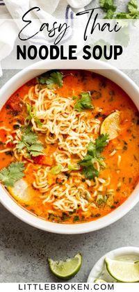 Easy Thai noodle soup with sweet and spicy broth, ramen noodles, and fresh lime juice. Warm and comforting Thai noodle soup made with red curry paste, coconut milk, and noodles of choice. It’s the perfect balance of spicy, salty, sweet, and sour. This soup is perfect for cool days. Plus it comes together very easily and quickly too!