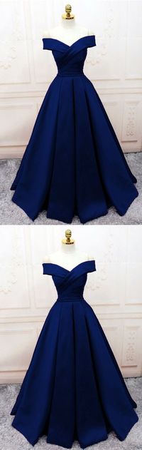 Navy Blue Satin Off Shoulder Elegant Formal Gown, Satin Party Dress 2019