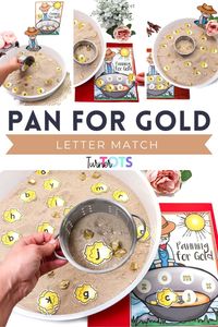 Discover excitement with this panning for gold activity for kids! Combine literacy and fun with this Wild West cowboy sensory bin. Sift through the sand to uncover the printable lettered gold nuggets. When alphabet gold is uncovered, match the lettered nuggets to the pan for a fun letter matching activity your toddlers will love. Snag the printable gold nuggets for the cowboy letter matching activity today!