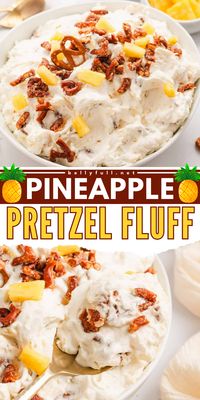 Made with buttery-sugared toasted pretzels, crushed pineapple, and a cream cheese base, this Pineapple Pretzel Fluff is sweet, salty, and amazing! With just 10 minutes of prep, it makes the perfect sweet side dish or dessert for family gatherings and potlucks.