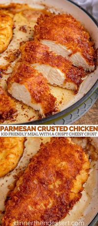 Parmesan Crusted Chicken that's a kid friendly, healthy easy weeknight meal with a crispy cheesy crust in 45 minutes and only 1 pan and 1 bowl to clean up!