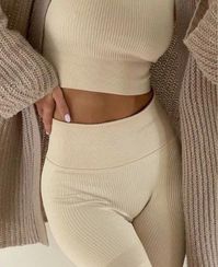 Four-way elastic material, soft and compressible, breathable and moisture-wicking, durable fabric makes these fitness outfits not easy to crack, very suitable for fitness, yoga exercises - Cozy Set, Beige, Cream, Sports Set, Comfy-