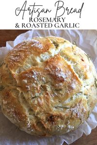 Few things are better than freshly baked bread. And eating it while it’s still warm with delicious pasta or a steaming bowl of soup or stew? The best! This simple no-knead recipe builds on my basic 4-ingredient overnight artisan bread recipe. It’s still super easy to make and requires only a handful of extra ingredients! | #homemadebread #rosemarybread #easybreadrecipe #rusticbread #comfortfood #noknead #overnightbread #rosemary #roastedgarlic #evoo #oliveoil #madefromscratch #artisanbread