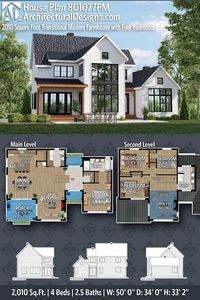 Modern Farmhouse House Plan 801077PM gives you 2000 square feet of living space with 4 bedrooms and 2.5 baths