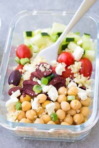 This Meal Prep Greek Couscous Salad is a healthy, vegetarian make ahead lunch. These lunch bowls are filled with healthy vegetables and chickpeas add protein! You can also serve this as a side salad at a BBQ.