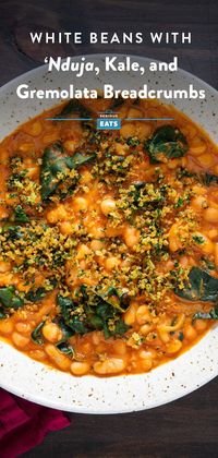 Beans and greens are a classic duo that works for saucing pasta, topping crusty grilled bread, or on its own as a simple and hearty soup. For this simple weeknight recipe, we give creamy white beans and earthy lacinato kale a funky, fiery, porky boost with the addition of 'nduja. #Nduja #DinnerTonight #BeansAndGreens #QuickDinners #EasyRecipes #SeriousEats