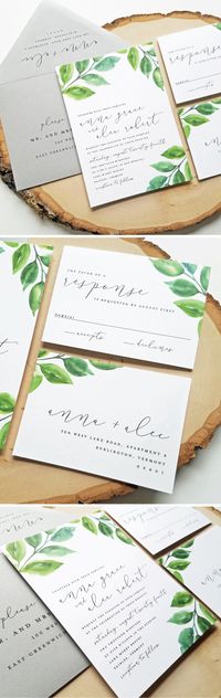 NEW Anna Watercolor Greenery Wedding Invitation Sample - Modern Calligraphy Script, Watercolor Leaves, Woodland, Rustic, Outdoor Wedding