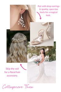 This cottagecore-style wedding day look is all about romance! Opt for sparkly accessories for a magical feel. To keep the look light and whimsical, nix the veil and choose a floral hair piece!