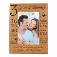 Engraved Anniversary Picture Frame Dimensions: 8" x 10" Frame holds a 4" x 6" photo Celebrate your special anniversary day with your lover by enjoying LifeSong Milestones Solid Wood Wedding Anniversary Picture Frame. Get this gift as a keepsake to remember your special day you made the ultimate bond. LifeSong Milestones has created the perfect Third Anniversary photo frame gift. Wooden picture frames were designed, handcrafted, and engraved by © 2019 LifeSong Milestones.