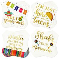 Elevate your appetizer, dining, and dessert tables at an upcoming Cinco de Mayo celebration, taco Tuesday party, or any fiesta or gathering with our set of 100 fun paper napkins. The colored napkins feature decorative tacos, maracas, and gold foil designs that will perfectly complement your fiesta decor or act as the perfect taco party decorations for all. Each 3 ply paper napkin measures 5 inches; the paper constructions allow you to clean accidental spills and messes easily.