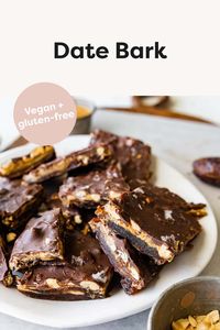 This viral date bark recipe combines medjool dates with peanut butter, chocolate and peanuts. It tastes like a Snickers bar and is the perfect healthy treat to keep stocked in your freezer. Vegan + gluten-free.