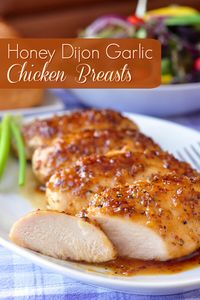 Honey Dijon Garlic Chicken Breasts - boneless skinless chicken breasts quickly baked in an intensely flavoured honey, garlic and Dijon mustard glaze.