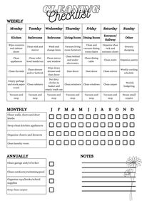 "Introducing our Digital Cleaning Schedule--a smart and efficient solution designed to streamline and organize your cleaning routines like never before. Gone are the days of struggling to keep track of your cleaning tasks on scattered notes or forgotten calendars. With our digital solution, you can effortlessly maintain a clean and tidy environment while saving time and effort. DETAILS - Pre-filled cleaning checklist SIZING - Letter Size (8.5'' x 11'') MATERIALS - This listing is for an instant digital download. No product will be sent to you. Most customers choose to print their products out on computer paper or card stock. COLORS - Colors may vary slightly from screen to print depending on your computer and printer. HOW TO PRINT 1. Log into your Etsy account. 2. Click the \"You\" tab. 3.