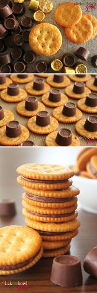 Oh. Yum. Gee. // Preheat 350. Rollo Stuffed Ritz Crackers-salty side down, place 1 Rolo / cracker. Bake 3-5 min to melt Rolo, then add another cracker on top and push down a little. Let cool. Sweet & Salty treat.