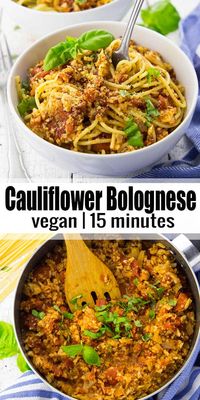 This cauliflower Bolognese sauce is not only super easy to make but it's also incredibly healthy! Instead of ground meat, the recipe calls for cauliflower. This easy pasta sauce is vegan, gluten-free, low in calories, and ready in less than 15 minutes. Vegan recipes can be so easy! #vegan #bolognese #pasta 