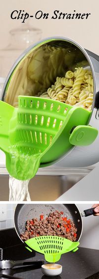 Clip this silicone strainer right on the pot to drain without needing to transfer your food. Its low profile stores easily when you’re done.: