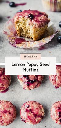 Healthy lemon poppy seed muffins made with yogurt and topped with a perfectly sweet lemon blueberry glaze. These lemon poppy seed muffins are perfect for spring! #muffins #lemon #healthysnack #snack #breakfast