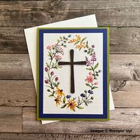 "This handmade Easter card is made on an Old Olive card base, has a layer of Starry Sky card stock, and a top layer of Dainty Flowers DSP.  The beautiful oval of dainty flowers frames a die cut cross.  The inside of the card has a white card stock liner with decorative punched corners, is stamped with \"Happy Easter\", and has plenty of blank space for your personal message.    *Envelope is included. *Approximate size = 4.25\" x 5.5\".   *Made in a smoke-free home. Images © by Stampin' Up!   All products used are by Stampin' Up! All cards come enclosed in a plastic bag and are shipped in a padded envelope for protection."