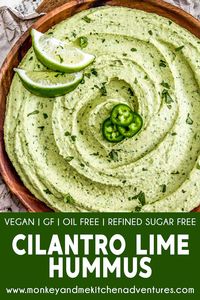 Calling all cilantro lovers, we've got a fun new twist on a classic dip! This tasty Cilantro Lime Hummus is super addicting and packed with zesty flavors. #vegan #oilfree #glutenfree #plantbased | monkeyandmekitchenadventures.com