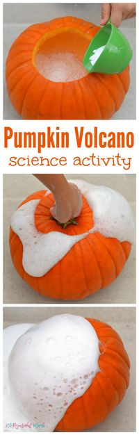 Kids will love watching as chemicals react and fizz over the sides of this pumpkin volcano, a fun and classic science experiment with a fall twist. Fall | Halloween | Pumpkins | Science | STEM