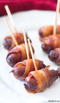 These bacon wrapped smokies are such an easy appetizer! Made in the slow cooker, these little smokies are wrapped in bacon, and cooked in a peach barbecue sauce!