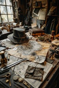 Entrez dans l'atelier d'un artisan steampunk où l'imagination côtoie la précision. Un chapeau trilby en cours de transformation se trouve au centre de cette scène fascinante, entouré d'outils, de raccords en laiton, de bandes de cuir et de matériaux de couture. La lumière ambiante projette une teinte chaleureuse sur ce paysage créatif