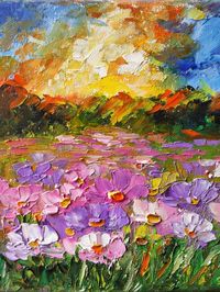 Cosmos Flowers Field Painting Oil on Canvas Original Author's Picture Unique Wall Impasto Field landscape Pink kosmos Artwork 8 x 8 "