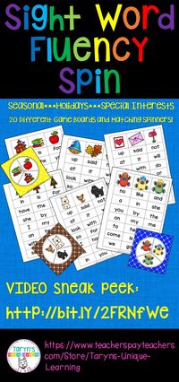 Recognizing sight words is so beneficial when trying to build reading fluency. So many of the words in the English language can not be sounded out! This product contains 20 game boards and spinners to match every time of the year or interests of your students. Just right for your K/1 students. Note the link so you can see this in action in my Intervention Office. Sure to be a hit with your students! "Spinnerlicious" as my students say!