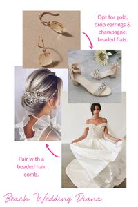 A beach wedding can be the epitome of casual elegance with our Diana Gown! With this refined princess gown, keep the rest of your wedding day look natural and relaxed. Instead of a traditional veil, choose a soft updo or braid with a beaded hair comb. Beaded flats and drop earrings complete the look! Check out our other style boards for more ideas or visit our website lookbooks for more wedding style inspiration!