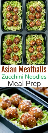 Asian glazed meatballs with zucchini noodles meal prep. Low carb and gluten free. The meatballs are easy and topped with a flavorful glaze.