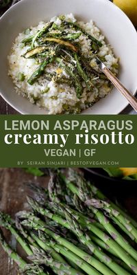 Make this creamy lemon asparagus risotto for lunch or dinner, it's vegan, delicious, and super fragrant. A gluten-free recipe the whole family will love. #risotto #vegan #plantbased 🍋