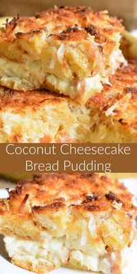 Coconut Cheesecake Bread Pudding. This bread pudding is a delightful, warm dessert that is loaded with coconut flavors throughout. It's made with a creamy coconut cheesecake layer in the middle and extra coconut of top. #breadpudding #coconutrecipes #frenchtoastcasserole