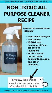 Discover how easy it is to make all natural nontoxic cleaner for your home. Try this easy all purpose nontoxic recipe and don’t forget to click the link to try all 10 nontoxic cleaning product recipes create an eco-friendly home safe and nontoxic. #nontoxicliving #nontoxiccleaning #diycleaningproducts #homemade #nontoxiclifestyle #naturalcleaningproducts #organicliving #diyremedies #bathroomcleaninghacks #kitchencleaning #ecofriendlyhome