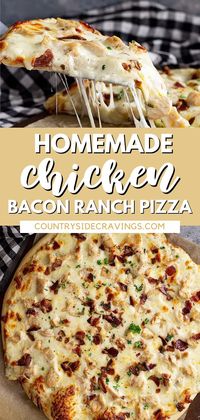 This Chicken Bacon Ranch Pizza is easy to make and full of flavor! Loaded with smokey bacon, pieces of chicken, melty cheese, and creamy ranch. If you are looking to make homemade pizza for your next pizza night in you have to give this chicken bacon ranch pizza a try! Use my Homemade Pizza Dough to get you started