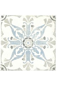 Bring the rich, weathered appearance of cement tile to your home with the durability and easy maintenance of porcelain in the Cybele Blue porcelain wall and floor tile. Featuring an ornate floral-inspired pattern in shades of soft taupe, light blue and charcoal against a winter white background, this 8” x 8” matte tile adds instant character and charm to any space. | Cybele Blue Wall and Floor Tile - 8 x 8 in | Wall Tile | Porcelain | The Tile Shop