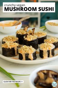 Mushroom sushi rolls stuffed with sesame shiitake mushrooms and topped with ginger-garlic crunchies is delicious and satisfying! Don't worry if you're new to making sushi. I'll walk you through all the steps.