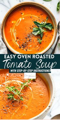 Treat yourself to a comforting roasted tomato soup made with fresh tomatoes, thyme, and basil. Roasted onions and garlic bring out the best flavors. This creamy soup is easy to prepare and great for any meal. Make ahead and freeze to enjoy later.