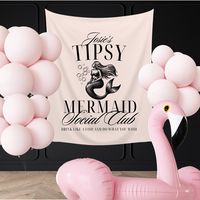 Tipsy Mermaid Social Club Banner Fun and coastal Mermaidcore theme sign for your bachelorette party or milestone birthday party. 100% Polyester Fabric, light weight and easy to hang Customize the colors to match your theme! EASY TO ORDER: 1. Review the size charts and measure your space 2. Select the size and orientation from the drop down options 3. Select the banner background color from the drop down options 4. In the PERSONALIZATION section of the checkout process enter the following: >Name