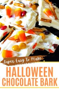 For this Candy Bark recipe I kept it pretty simple with chocolate candies, candy corn, and pretzel sticks. But you can really chop up any type of candy bar or use any type of candy you want on this. There is no right or wrong candy combination here!